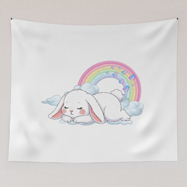 Item preview, Sleeping Bunny - White Rabbit Napping on a Cloud with Pastel Rainbow designed and sold by Love3Happy.