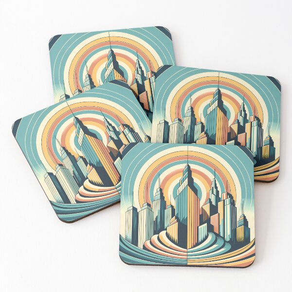 Item preview, Retro Art Deco City Skyline with Sunburst Rings designed and sold by InkSmithery.