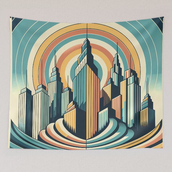 Item preview, Retro Art Deco City Skyline with Sunburst Rings designed and sold by InkSmithery.