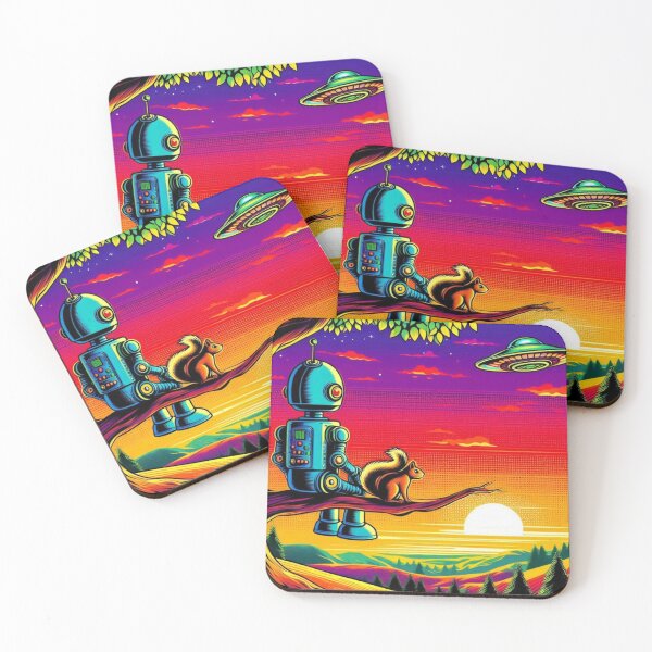Item preview, Sunset Companions – Robot & Squirrel Sci-Fi Art designed and sold by Dogandesighn.