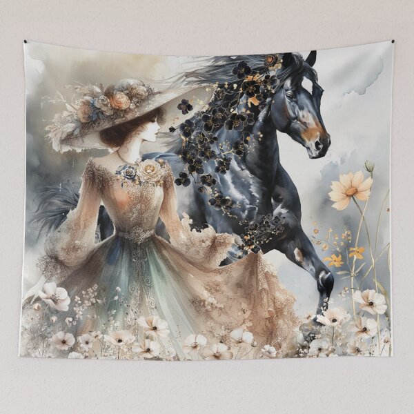 Item preview, Black horse and woman among flowers. designed and sold by MagelliShop.