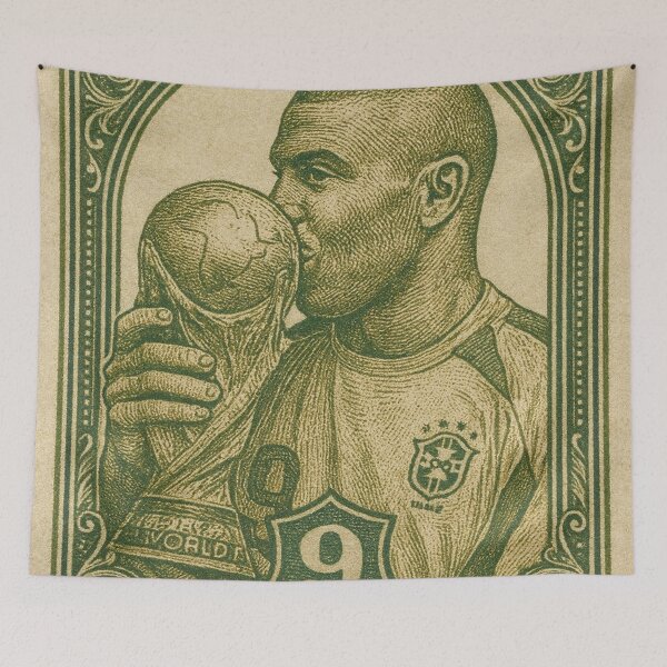 Item preview, Vintage Brazilian Ronaldo Fenomeno R9 Football Legend Stamp Illustration – Retro Soccer World Cup Art Print designed and sold by PharaonicArtist.