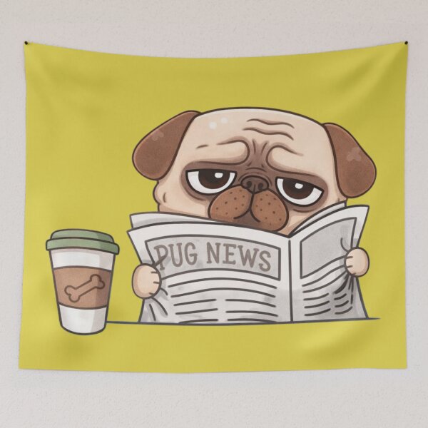Item preview, Grumpy Pug Reading the News – Funny Coffee and Dog Lover Design designed and sold by Maryna_Reine.