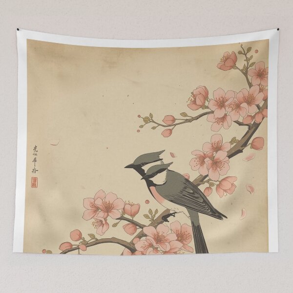 Item preview, Japanese Ukiyo-e Mejiro Birds and Cherry Blossoms Kacho-ga Print designed and sold by Vandy Fullam.