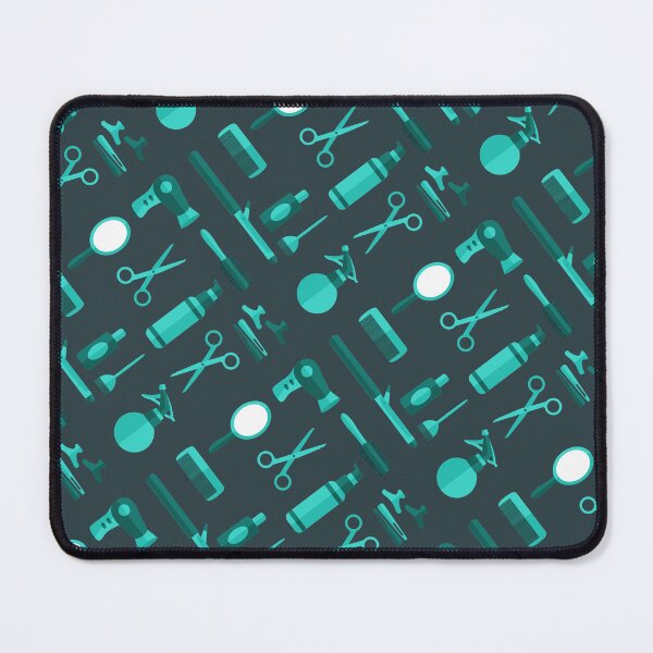 Item preview, Barbershop Seamless Pattern with Scissors Comb Razor Clippers Hair Dryer Mirror on Dark Turquoise Background Grooming Salon Tools Vector designed and sold by FoxyJags.