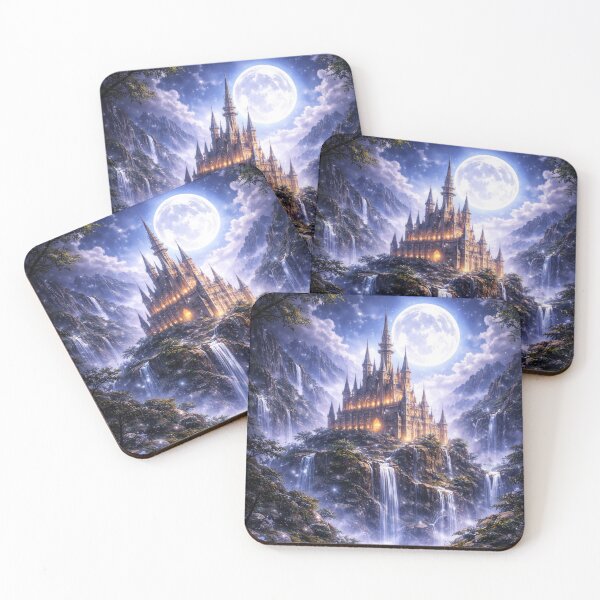 Item preview, Moonlit Fantasy Castle with Waterfalls – Enchanted Night Kingdom Art designed and sold by DrakariArt.