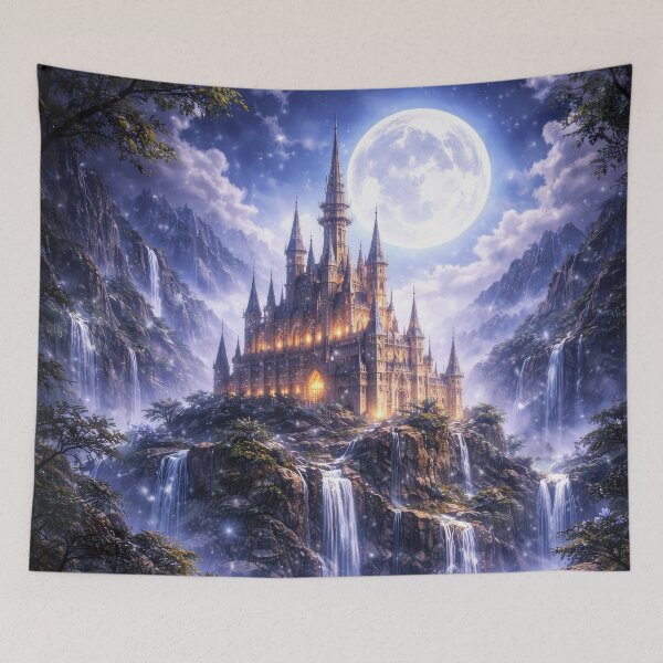 Item preview, Moonlit Fantasy Castle with Waterfalls – Enchanted Night Kingdom Art designed and sold by DrakariArt.