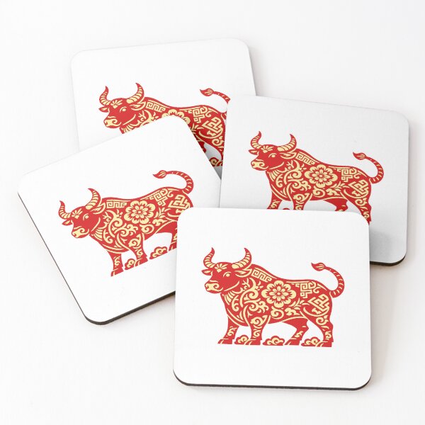 Item preview, Lunar New Year Ox Zodiac Papercut Art, Red Gold Chinese New Year Ox Illustration, Year of the Ox Folk Style designed and sold by Vendeloc.