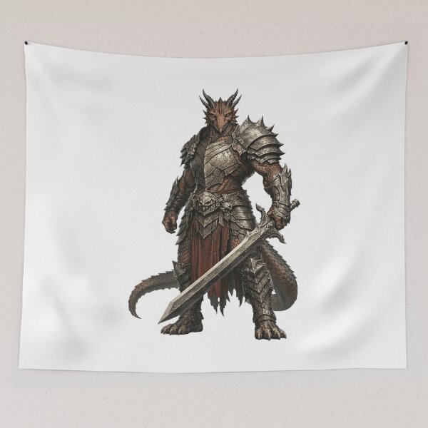 Item preview, Dragonborn Warrior Art — Armored Dragon Knight with Sword | Epic Dark Fantasy Illustration designed and sold by AlexLineArt.