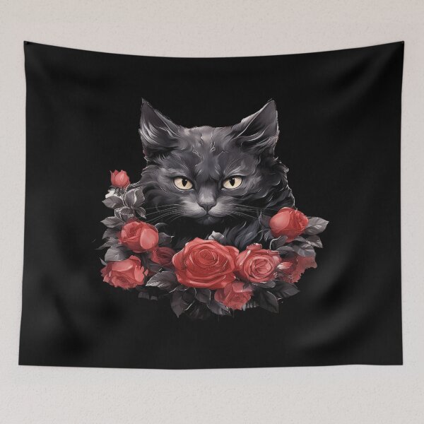 Item preview, Midnight Rose Familiar – Gothic Black Cat with Crimson Roses designed and sold by TheInkRaven.