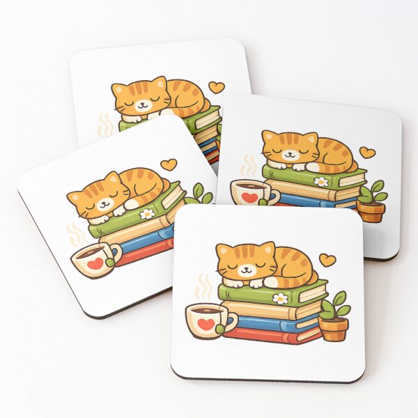 Item preview, Cozy Sleeping Cat on Books with Tea designed and sold by TrendlyStudio.
