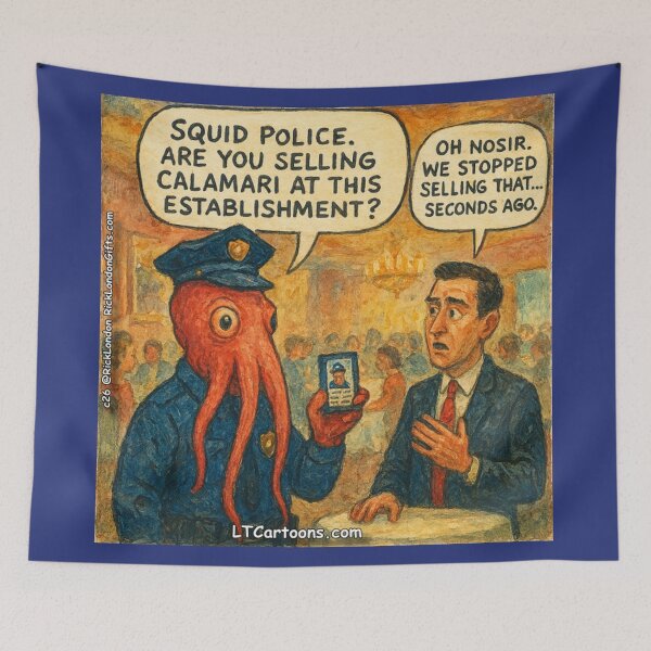 Artikelvorschau, Tintenfischpolizei greift Calamari ein – Lustiger Meeresfrüchte-Cartoon entworfen und verkauft von Rick London Gifts.