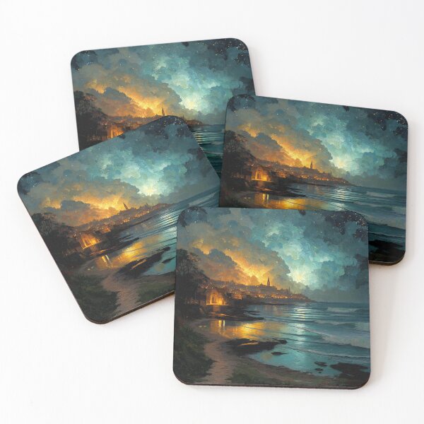 Item preview, Coastal Town Under Starry Fire Sky – Dramatic Night Seascape designed and sold by EK-World.