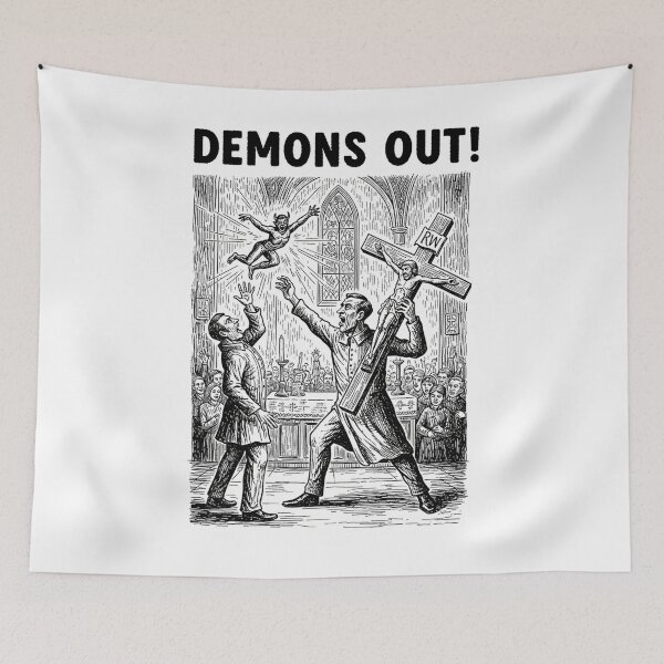 Item preview, DEMONS OUT! Exorcism, Surreal Church Showdown Design designed and sold by The Bizarre Archive.
