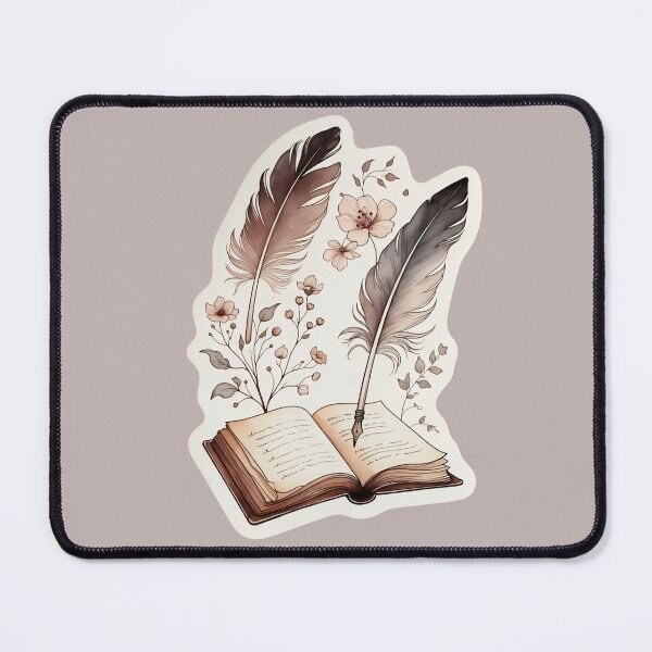 Item preview, Artwork featuring an open book with quill pens and flowers on a light background in a study setting with soft light designed and sold by SpaceartLilu.
