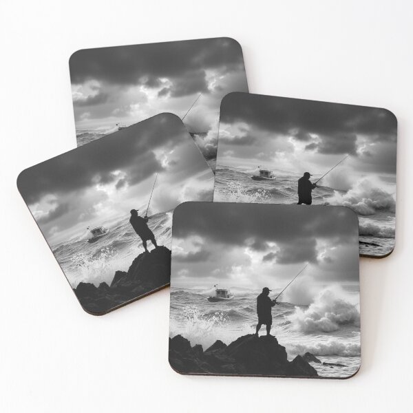 Item preview, Dramatic Stormy Ocean Fisherman Silhouette - Black and White Art designed and sold by EllDAV777.