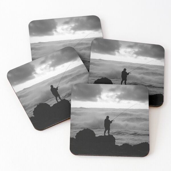Item preview, Black and White Fisherman Silhouette Ocean Waves Rocky Coast designed and sold by EllDAV777.
