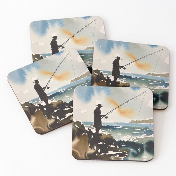 Item preview, Watercolor Fisherman Silhouette Ocean Sunset Fishing Art designed and sold by EllDAV777.