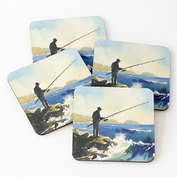 Item preview, Watercolor Fisherman Silhouette Ocean Waves Landscape designed and sold by EllDAV777.