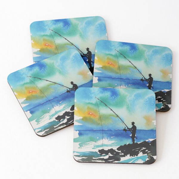 Item preview, Watercolor Fisherman Silhouette at Sunset Beach Ocean designed and sold by EllDAV777.