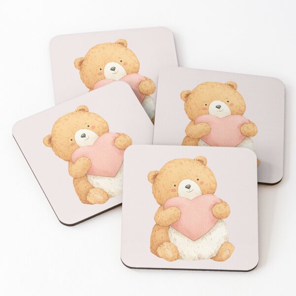 Item preview, Smiling Beige Teddy Bear Hugging a Heart-Shaped Pillow designed and sold by Violet Peonies.