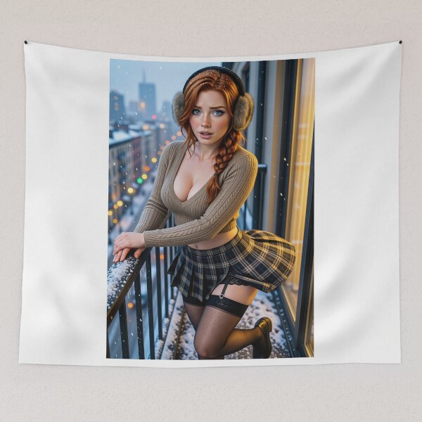 Item preview, Rowan in plaid skirt on snowy city balcony designed and sold by CathryneDelamort.