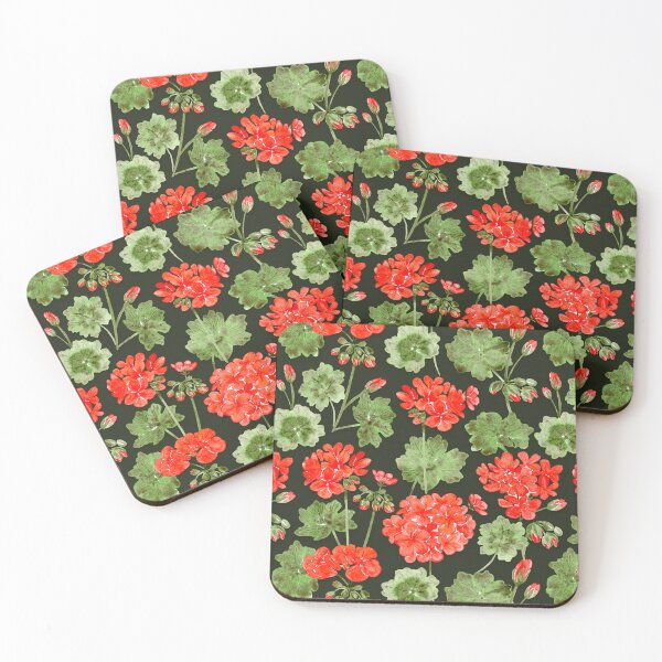 Item preview, Red Geraniums in Watercolor Pattern (Dark Background) designed and sold by andrebalest.art.