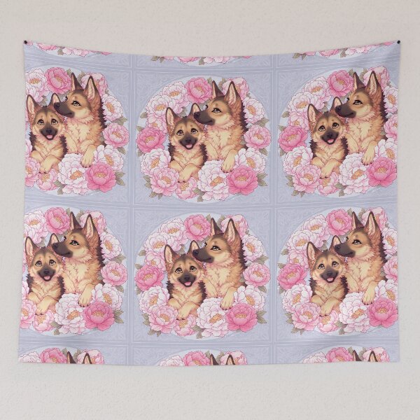 Item preview, German Shepherd puppies among peony flowers. designed and sold by Natalia-Vlad.