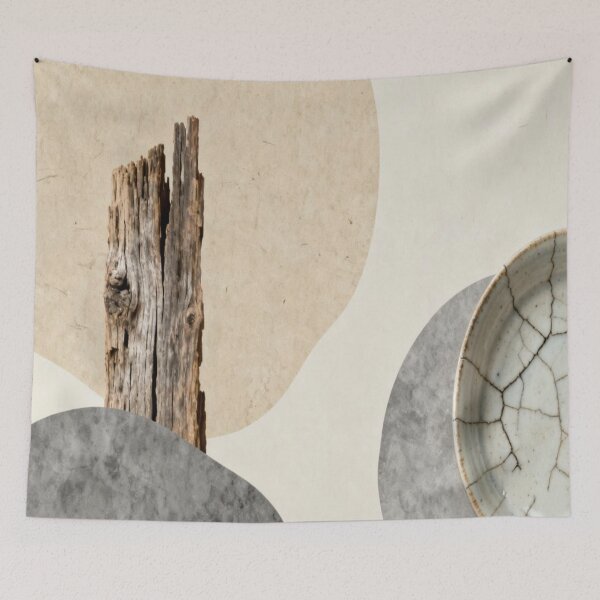Item preview, Wabi-Sabi Balance – Wood and Ceramic with Neutral Abstract Background designed and sold by Cristhian Almanza.