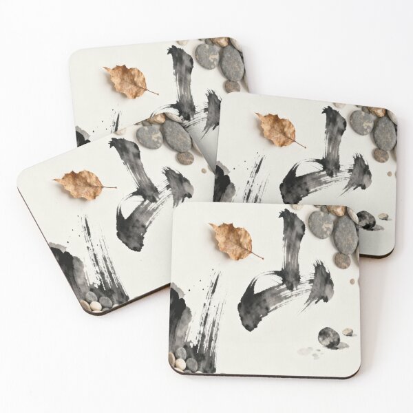 Item preview, Zen Composition – Ink Brush Strokes with Stones and Leaf on White Background designed and sold by Cristhian Almanza.