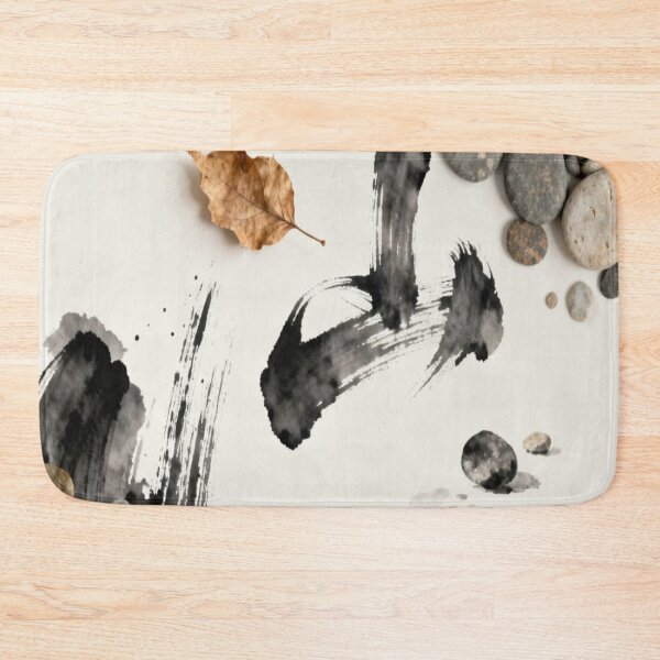 Item preview, Zen Composition – Ink Brush Strokes with Stones and Leaf on White Background designed and sold by Cristhian Almanza.