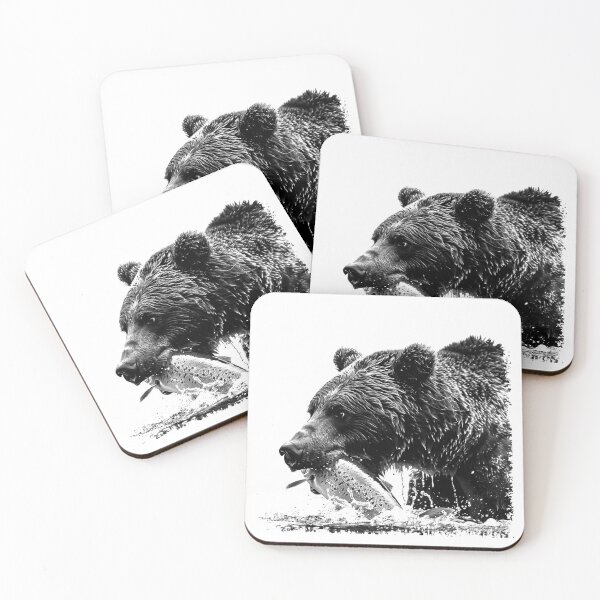 Item preview, Grizzly Bear Catching Salmon – Wildlife Nature Art designed and sold by inkoutninja.