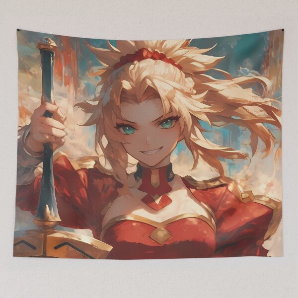 Item preview, Red Saber Mordred Fate Grand Order Anime Girl with Fiery Sword designed and sold by TorbenKuhano.