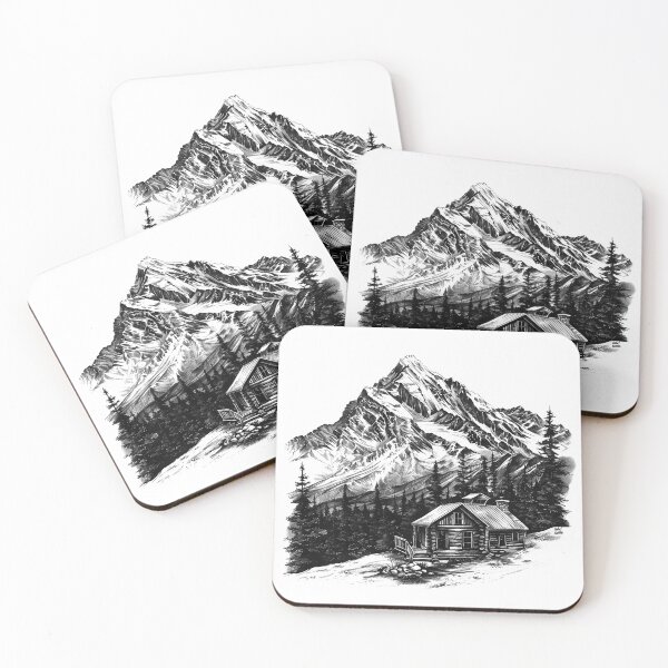 Item preview, Mountain Cabin in the Pines – Black and White Wilderness Art designed and sold by inkoutninja.