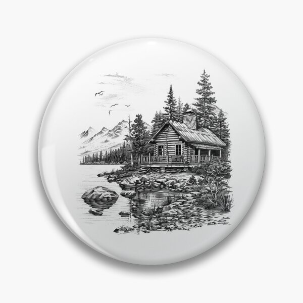 Item preview, Lakeside Cabin Retreat – Black and White Mountain Nature Art designed and sold by inkoutninja.
