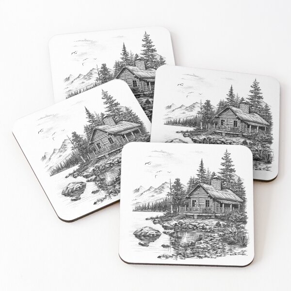 Item preview, Lakeside Cabin Retreat – Black and White Mountain Nature Art designed and sold by inkoutninja.
