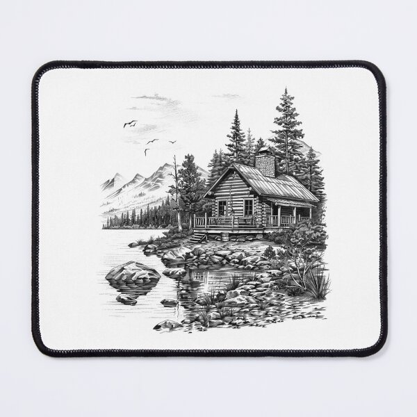 Item preview, Lakeside Cabin Retreat – Black and White Mountain Nature Art designed and sold by inkoutninja.