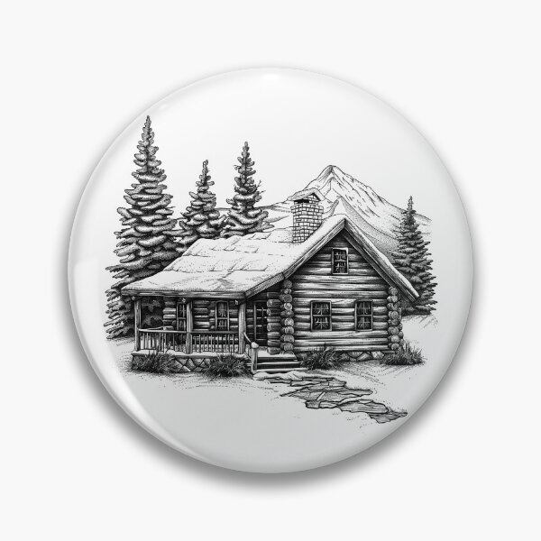 Item preview, Cozy Log Cabin in the Mountains – Black and White Rustic Art designed and sold by inkoutninja.