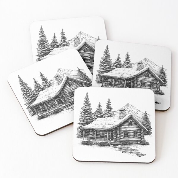 Item preview, Cozy Log Cabin in the Mountains – Black and White Rustic Art designed and sold by inkoutninja.