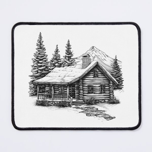 Item preview, Cozy Log Cabin in the Mountains – Black and White Rustic Art designed and sold by inkoutninja.
