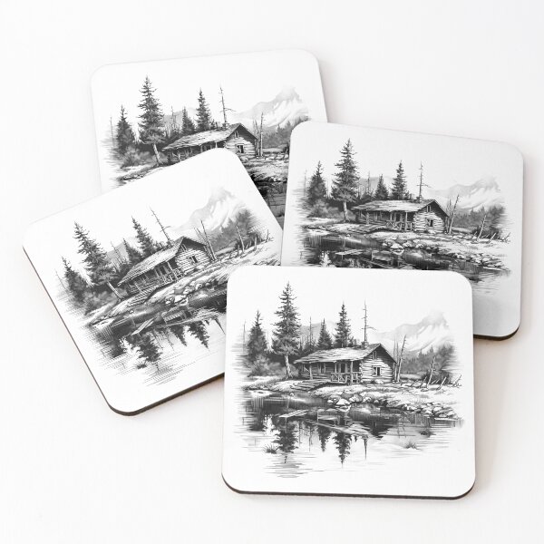 Item preview, Lakeside Log Cabin Reflection – Black and White Wilderness Art designed and sold by inkoutninja.