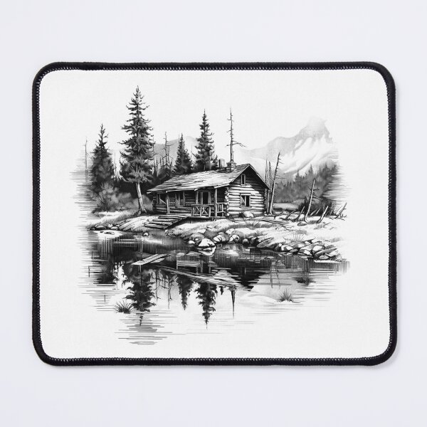 Item preview, Lakeside Log Cabin Reflection – Black and White Wilderness Art designed and sold by inkoutninja.