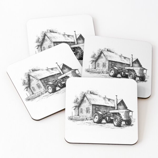 Item preview, Vintage Tractor and Farmhouse – Black and White Country Life Art designed and sold by inkoutninja.