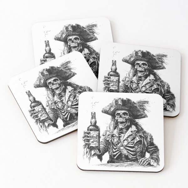 Item preview, Skeleton Pirate with Rum – Black and White Swashbuckler Skull Art designed and sold by inkoutninja.