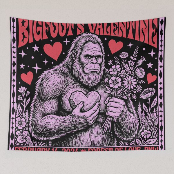 Item preview, Bigfoot's Valentine Retro PNW Forest Love Poster designed and sold by zzz888.