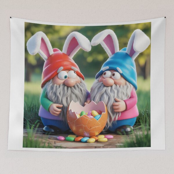 Item preview, Funny Easter Gnomes with Broken Chocolate Egg and Bunny Ears Art designed and sold by SplashTastic.