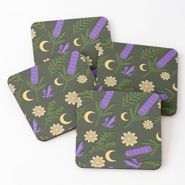 Item preview, Lavender Moon Seamless Pattern (Witchy Botanicals + Crystals on Dark Green) designed and sold by hollymackinnonart.