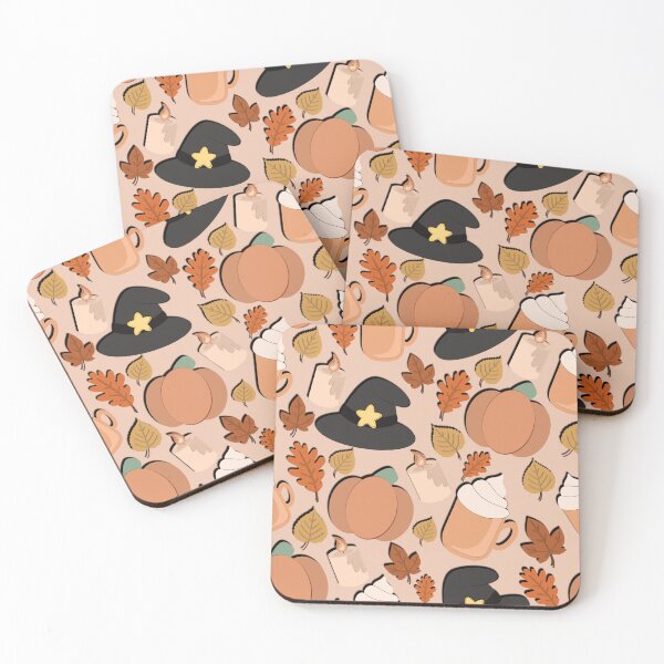 Item preview, Cozy Autumn Witch Seamless Pattern (Pumpkins Leaves Coffee + Candles) designed and sold by hollymackinnonart.