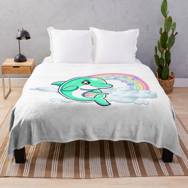 Item preview, Leaping Dolphin - Cute Turquoise Dolphin Jumping Through Clouds with Rainbow designed and sold by Love3Happy.