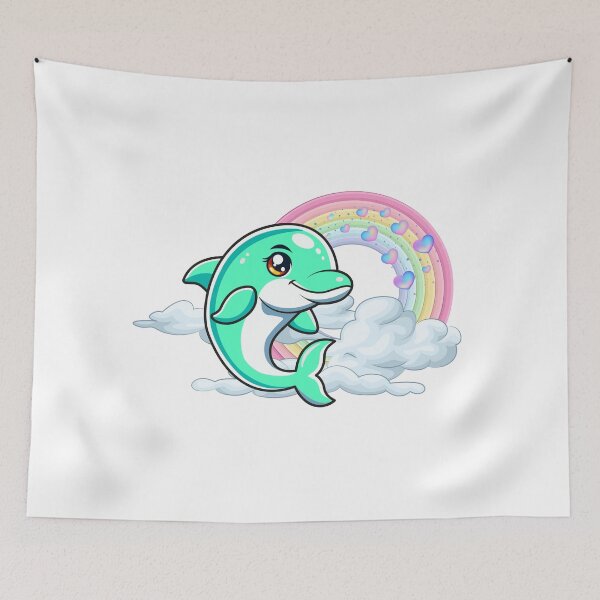 Item preview, Leaping Dolphin - Cute Turquoise Dolphin Jumping Through Clouds with Rainbow designed and sold by Love3Happy.
